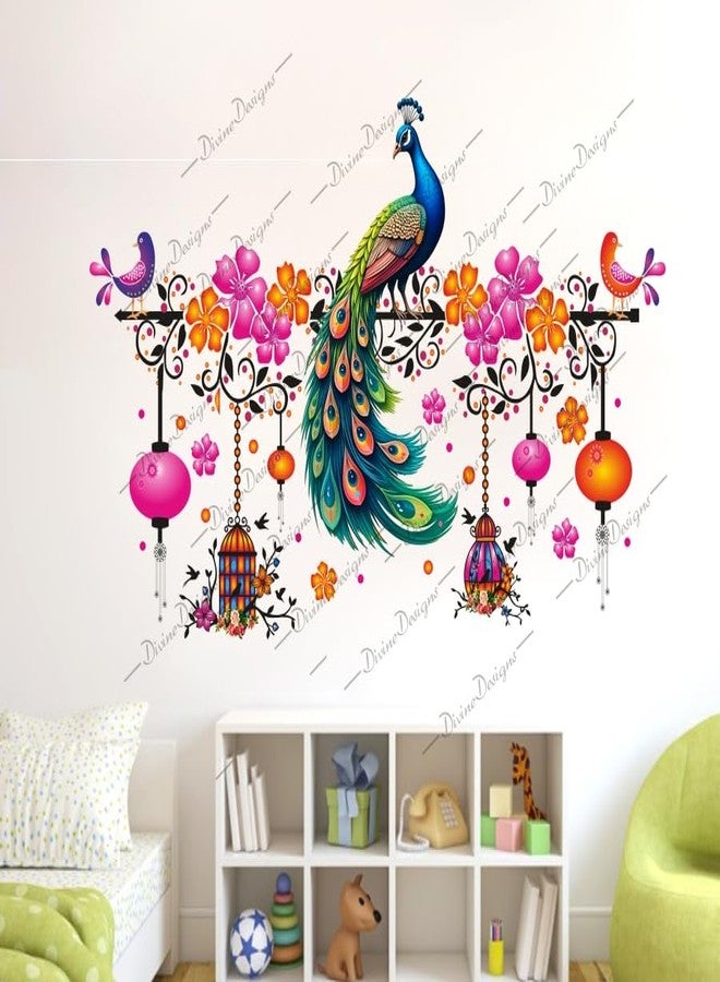 DivineDesigns ملصق حائط ذاتي اللصق من الفينيل PVC بتصميم أقفاص زهور برتقالية ووردية على شكل طاووس من DivineDesigns لتزيين المنزل/غرفة المعيشة (متعدد الألوان) - Image 2